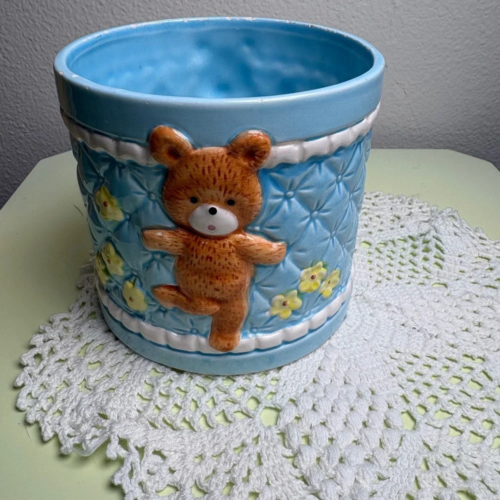 Vintage Blue Teddy Bear Planter Pot Nursery Decor Kitsch Ceramic